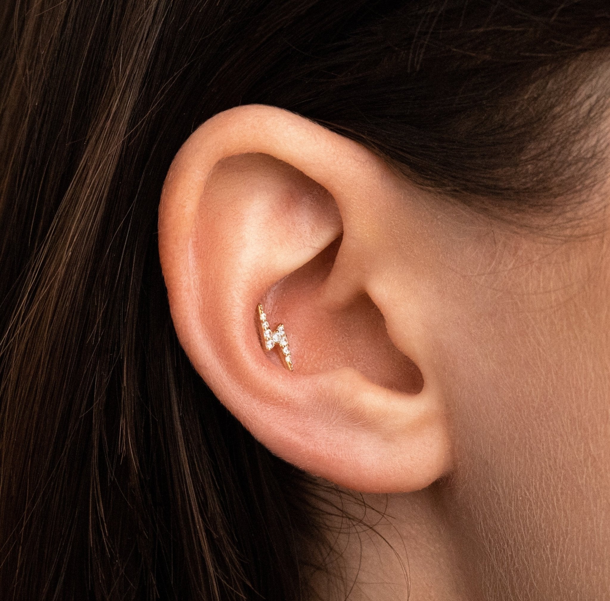 14k Crystal Lightning Bolt Flat back Earring - Threadless - Lulu Ave Body Jewelery