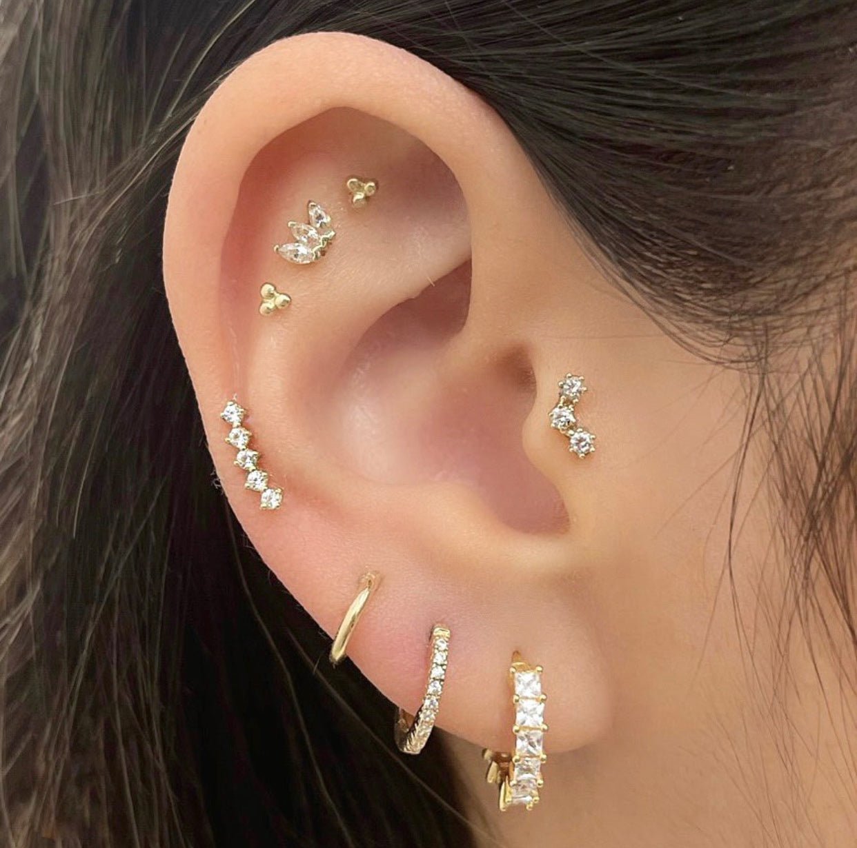 14k Three Crystal Marquise Flat back Earring - Threadless - Lulu Ave Body Jewelery