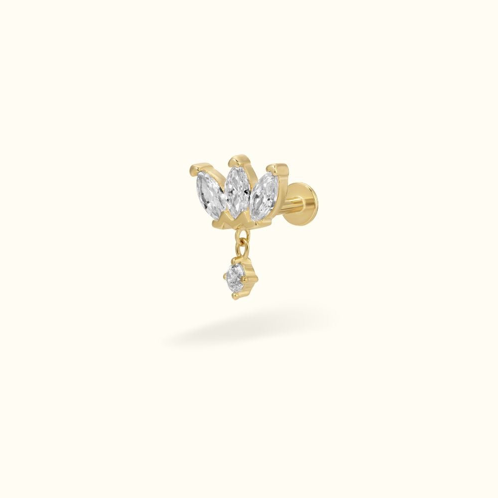 14k Yellow Gold Three Crystal Marquise Dangle Flat Back - Earrings - Lulu Ave Body Jewelery