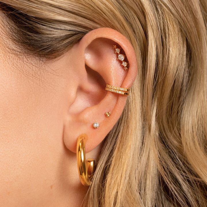 Shop the Look: Gold-plated hoop earrings paired with matching necklace - Lulu Ave Body Jewelery