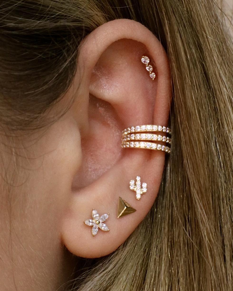 14k Three Crystal Cluster Single Earring - Lulu Ave Body Jewelery