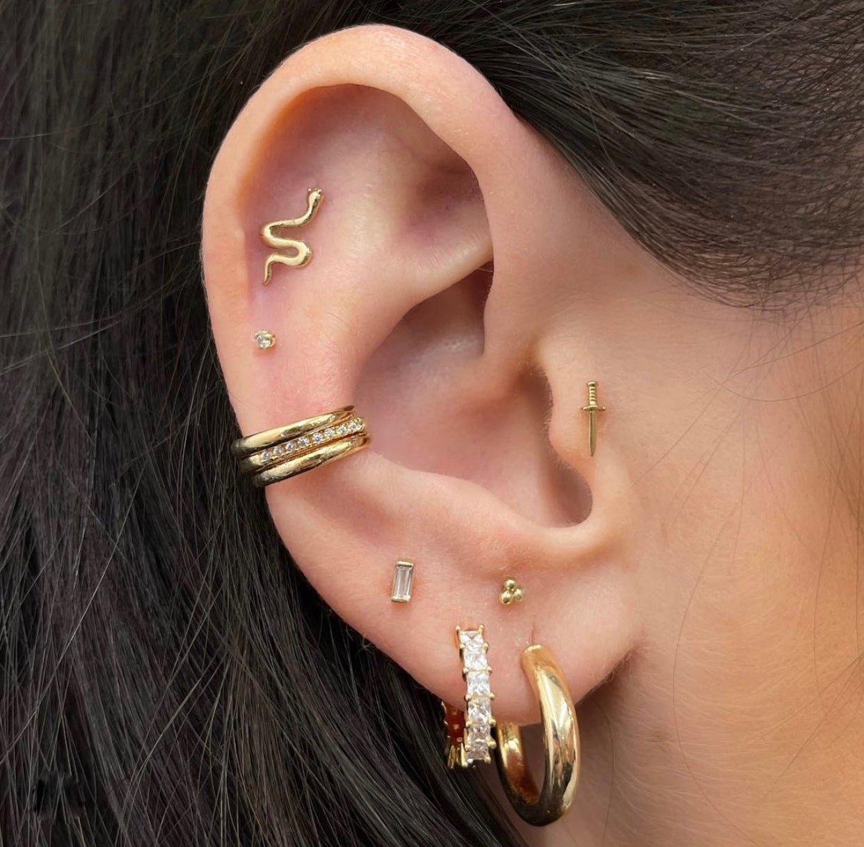 14k Tri-Ball Single Earring - Threadless - Lulu Ave Body Jewelery